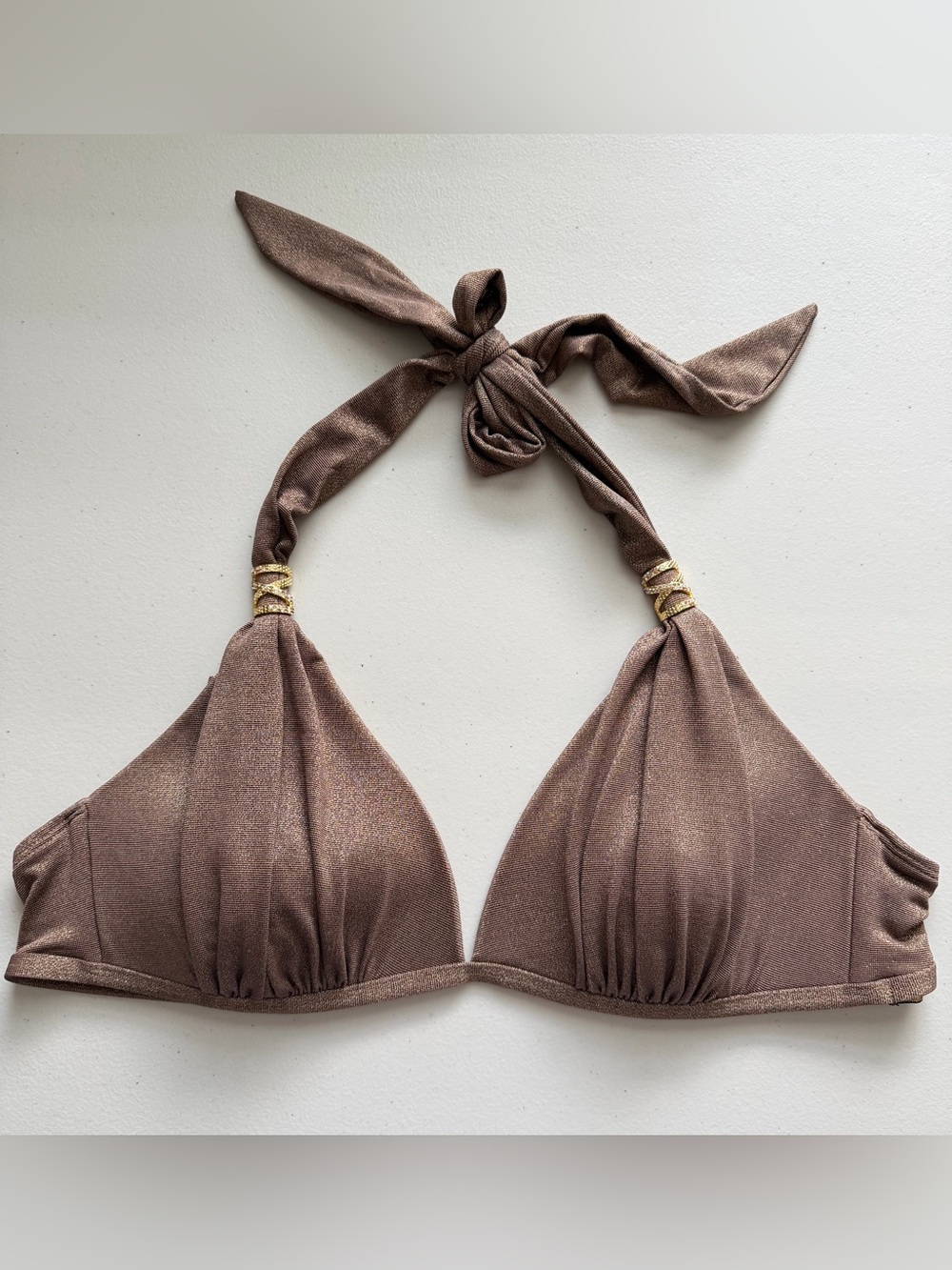 Dolcessa Swimwear Triangle Halter Bikini Top Taupe Shimmer Size M